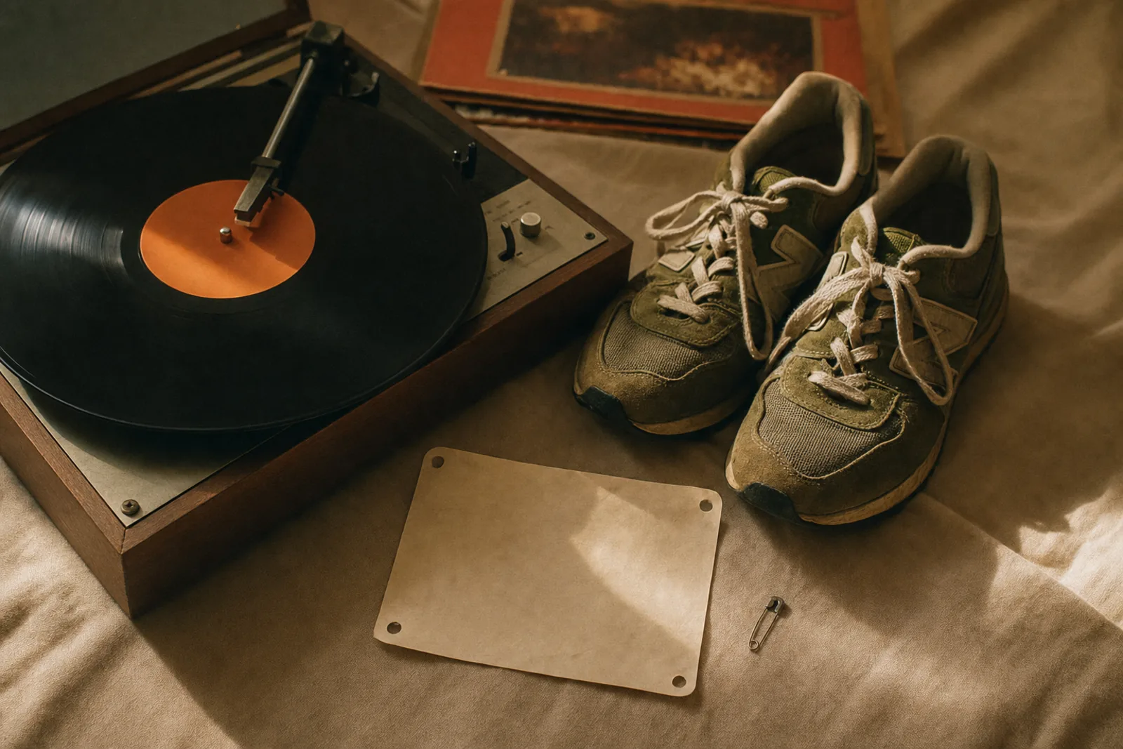 A vinyl record on a turntable beside worn olive running shoes and a blank race bib
