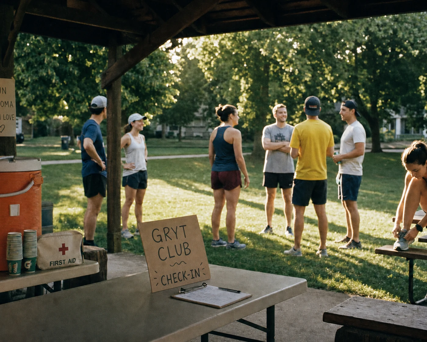 Covered picnic shelter set up with a check-in table and water coolers, runners chatting on the sunny lawn beyond