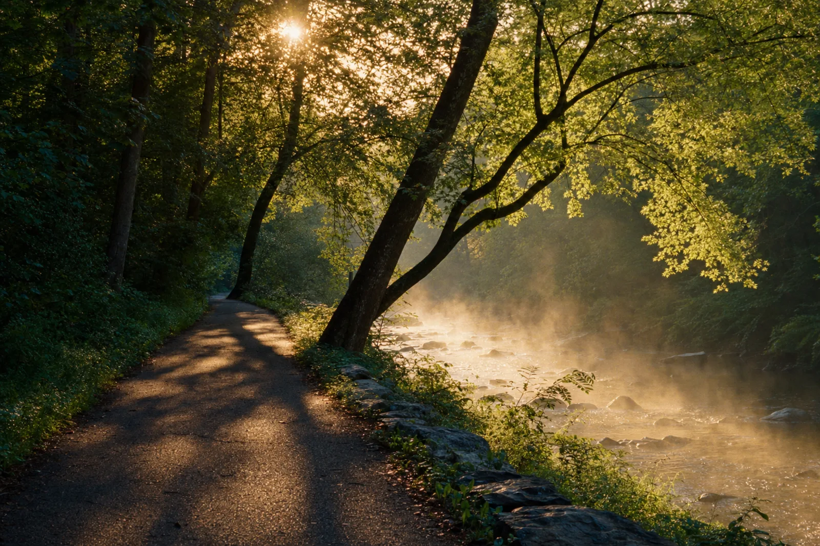 Morning sun and mist over a tree-lined creekside trail